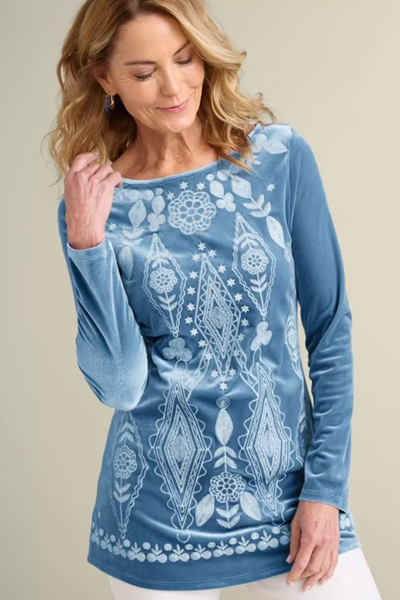 Soft Surroundings Nori Embroidered Velvet Tunic MoonlightBlue Best Sale